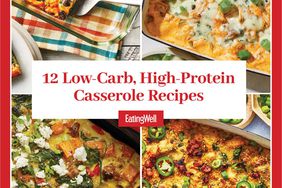 Collage con 12 recetas de casserol de alta proteína con carbohidratos bajos
