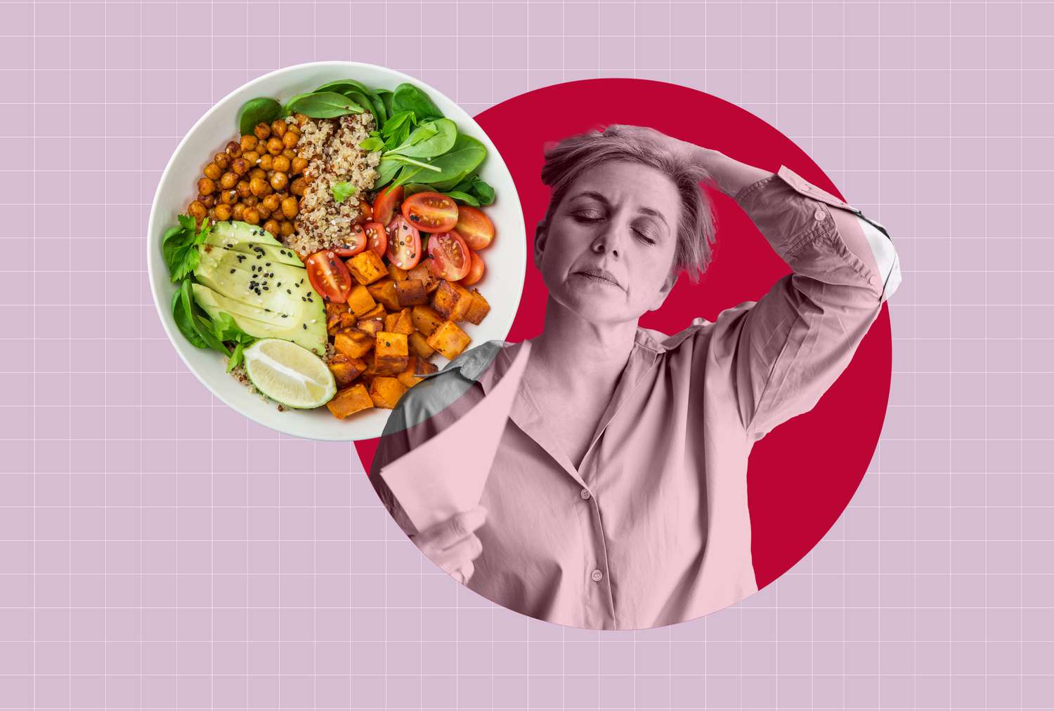 Un collage de comida vegana colocado junto a una mujer sentada erguida con el cabello recogido mientras experimenta sofocos.